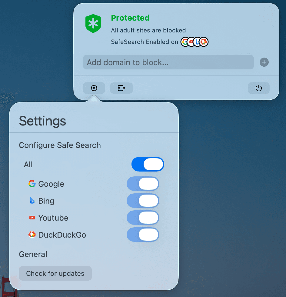 The CleanBrowse menu bar popover showing protection enabled and the Configure Safe Search panel with per-engine toggles