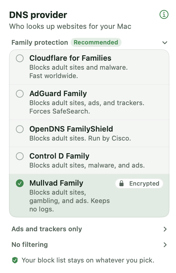 The DNS provider picker in the CleanBrowse menu bar app, listing family-protection resolvers with Mullvad Family selected.
